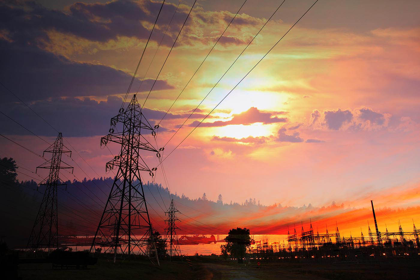Electricity Related Photo Montage at Sunset