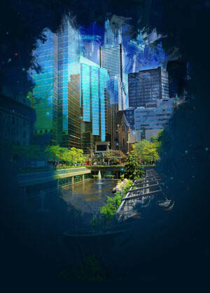 Vertical Urban Scene Art Background with Copy Space