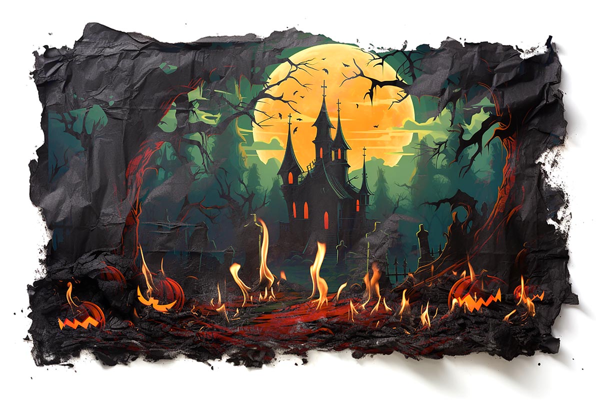 Spooky Halloween Castle with Fire on Burned Paper