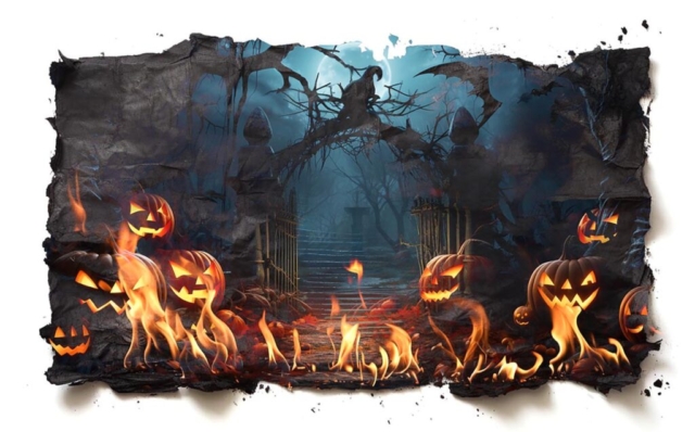 Spooky Halloween Gate with Pumpkins on Burning Paper
