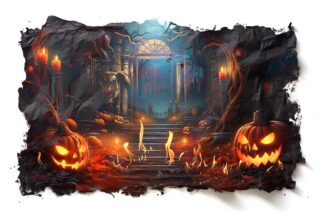 Spooky Halloween Old Gate with Pumpkins on Burned Paper