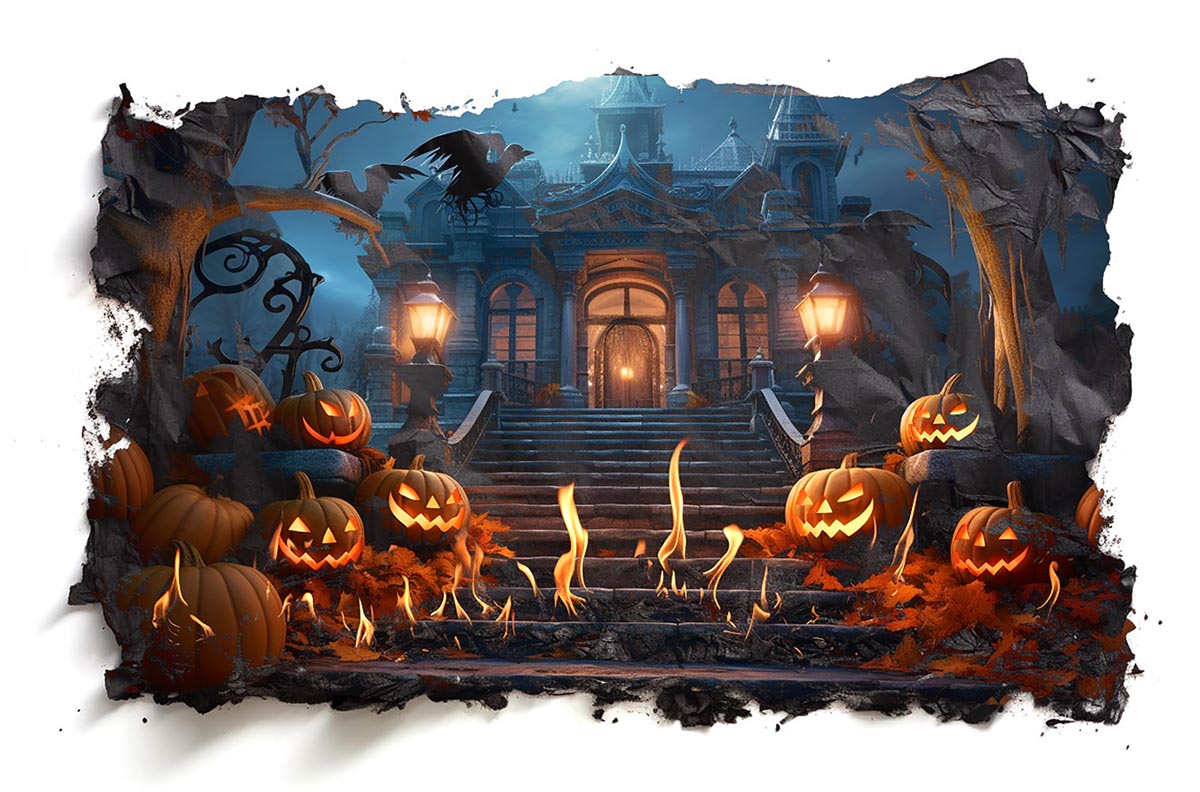 Spooky Halloween Old House Entrance with Pumpkins on Burned Paper