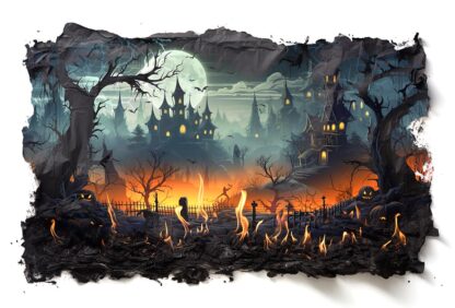 Spooky Halloween Scene with Fire on Burned Paper