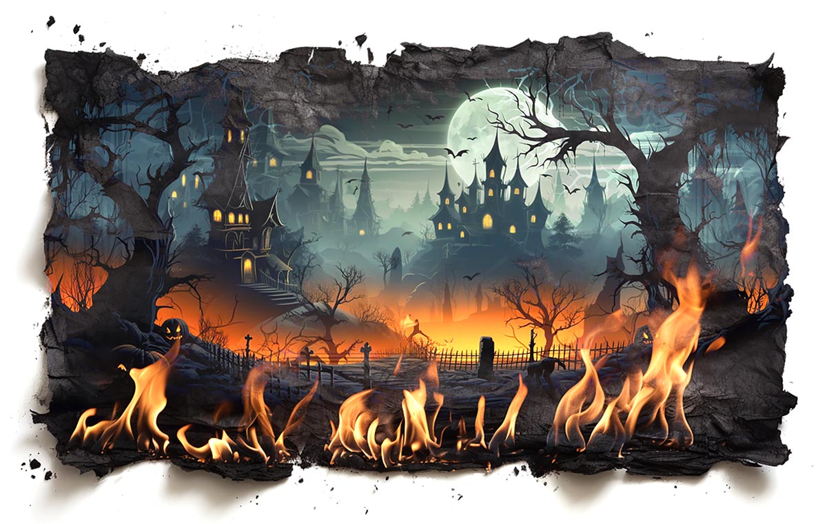 Spooky Halloween Scene with Fire on Burning Paper