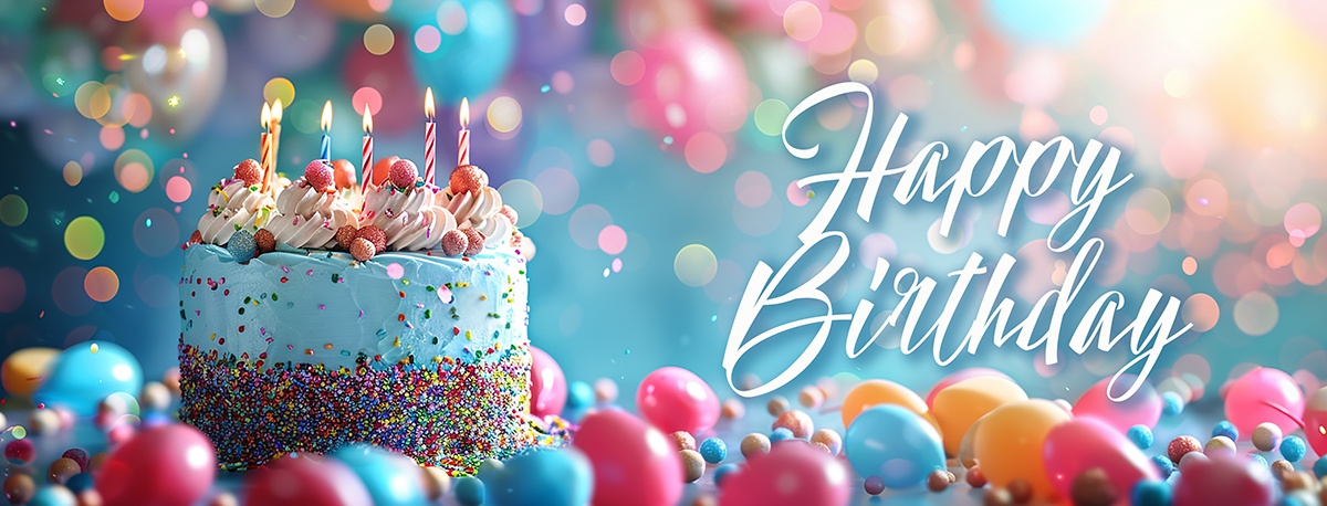 Happy Birthday Banner - Festive Cake with Balloons and Candles Image
